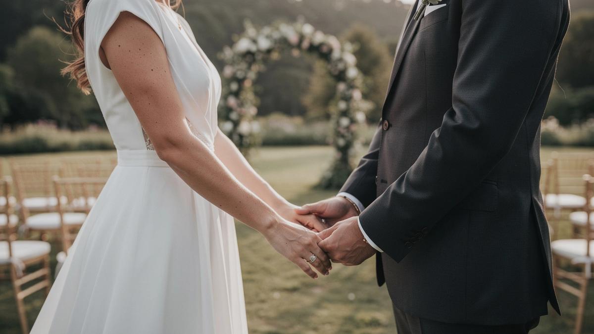 A wedding couple holding hands during an outdoor ceremony